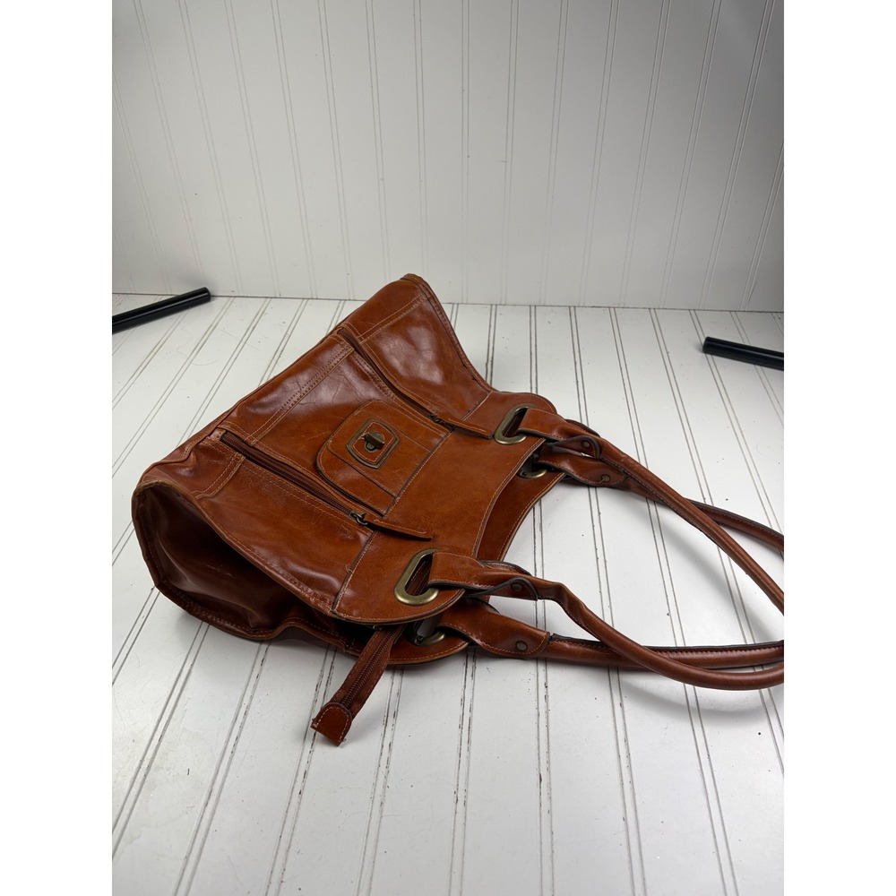 Vintage Y2K Cognac Brown Leather Multi-Pocket Shoulder Bag Satchel Purse - Picture 5 of 12